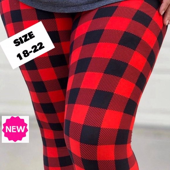 OS/XPLUS NEW Womens Christmas Red Plaid Leggings - No-Roll Waist - Buttery Soft - Picture 5 of 11